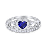 Heart Crown Ring Eternity Simulated Blue Sapphire CZ Round 925 Sterling Silver