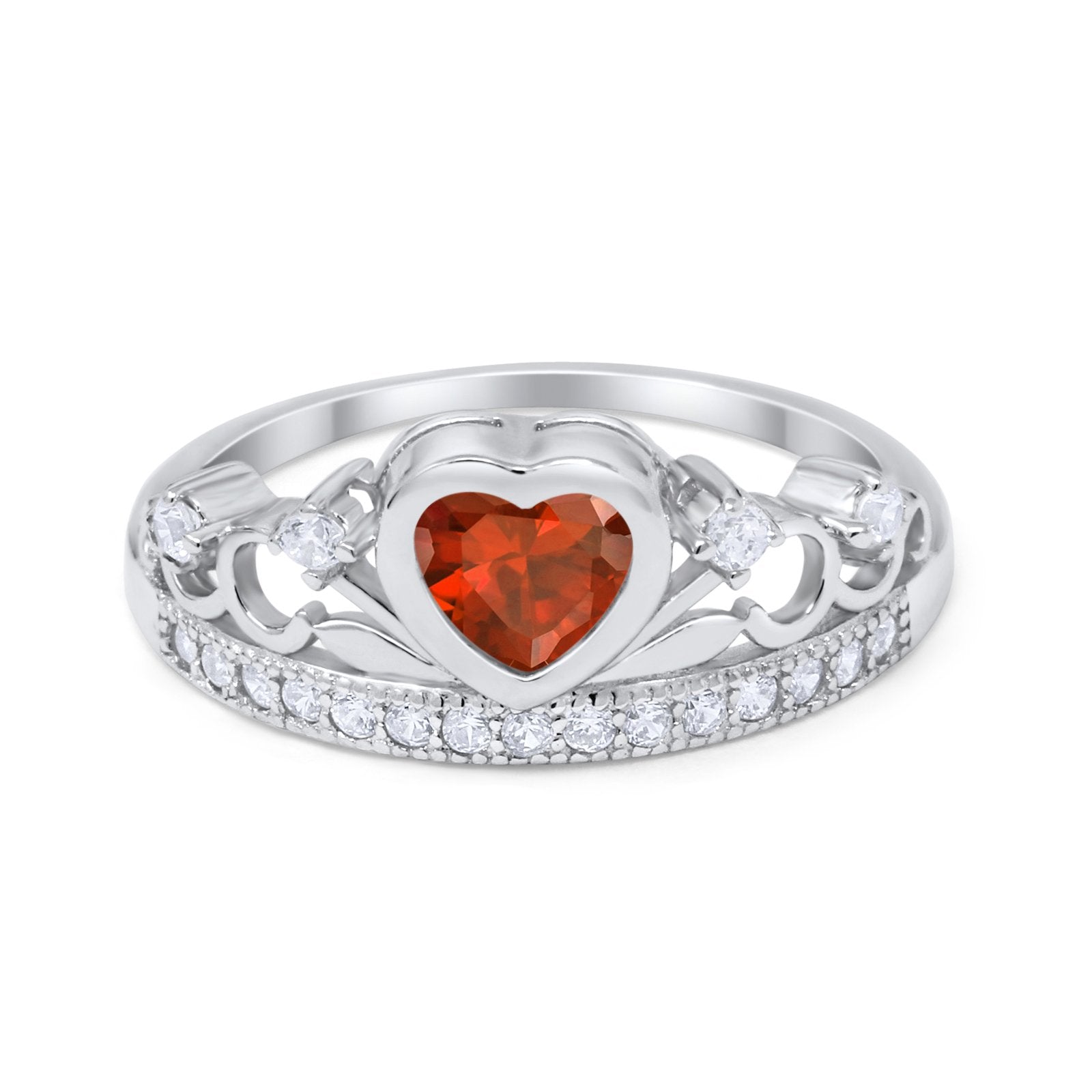 Heart Crown Ring Eternity Simulated Garnet CZ 925 Sterling Silver