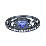 Heart Crown Ring Eternity Black Tone, Simulated Tanzanite CZ 925 Sterling Silver