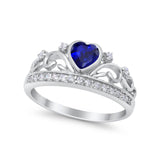 Heart Crown Ring Eternity Simulated Blue Sapphire CZ Round 925 Sterling Silver