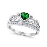 Heart Crown Ring Eternity Simulated Green Emerald CZ 925 Sterling Silver