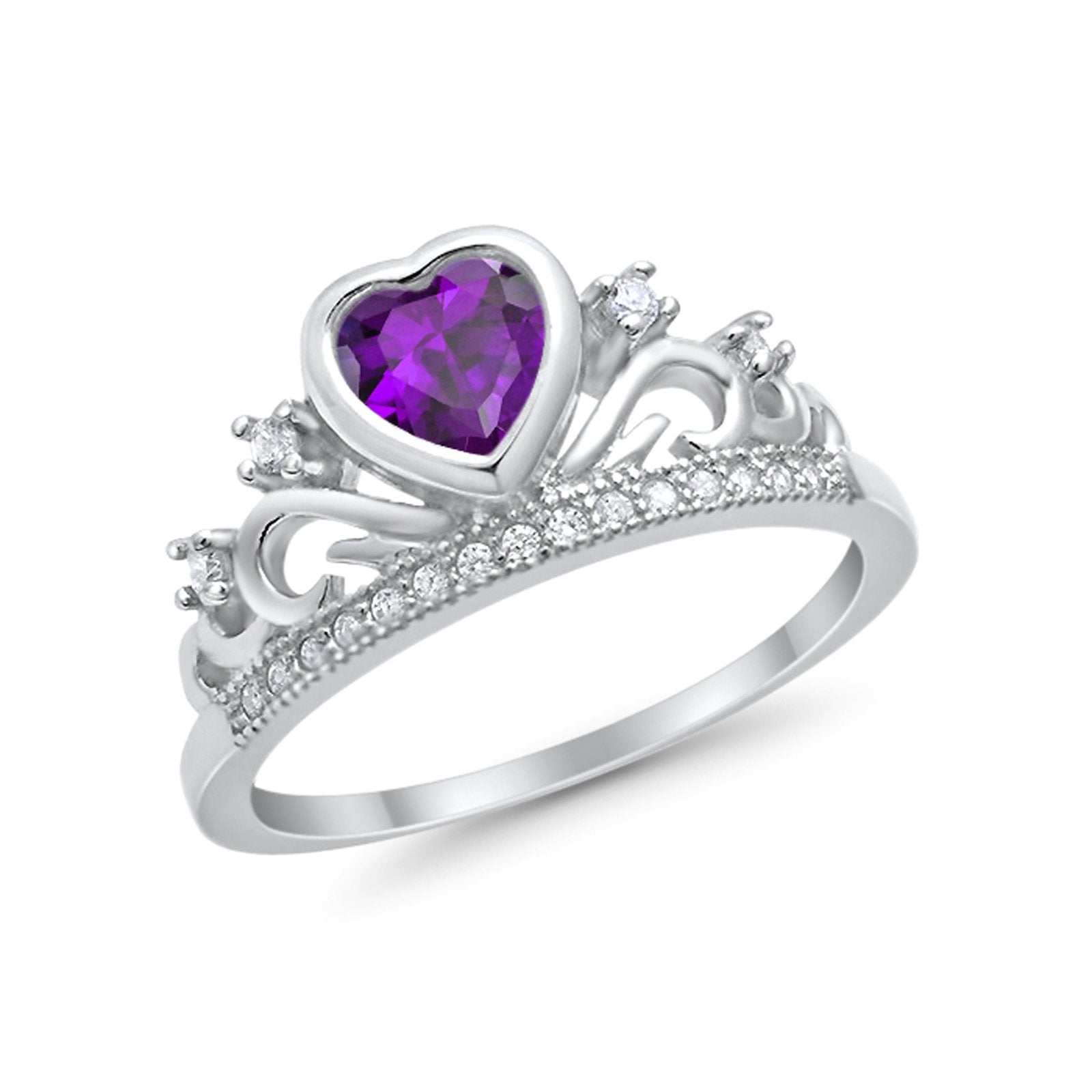 Heart Crown Ring Eternity Simulated Amethyst CZ 925 Sterling Silver