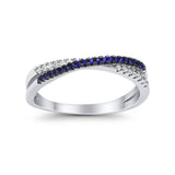 Crisscross X Ring Round Eternity Simulated Blue Sapphire CZ 925 Sterling Silver