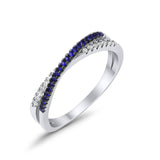 Crisscross X Ring Round Eternity Simulated Blue Sapphire CZ 925 Sterling Silver
