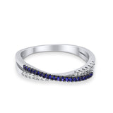 Crisscross X Ring Round Eternity Simulated Blue Sapphire CZ 925 Sterling Silver