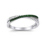 Crisscross X Ring Round Eternity Simulated Green Emerald CZ 925 Sterling Silver