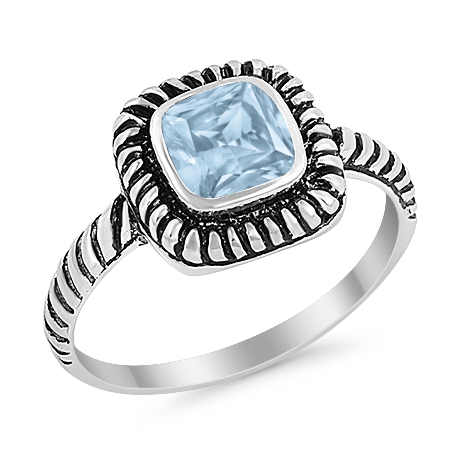Princess Cut Simulated Aquamarine Cubic Zirconia Oxidized Design Ring 925 Sterling Silver
