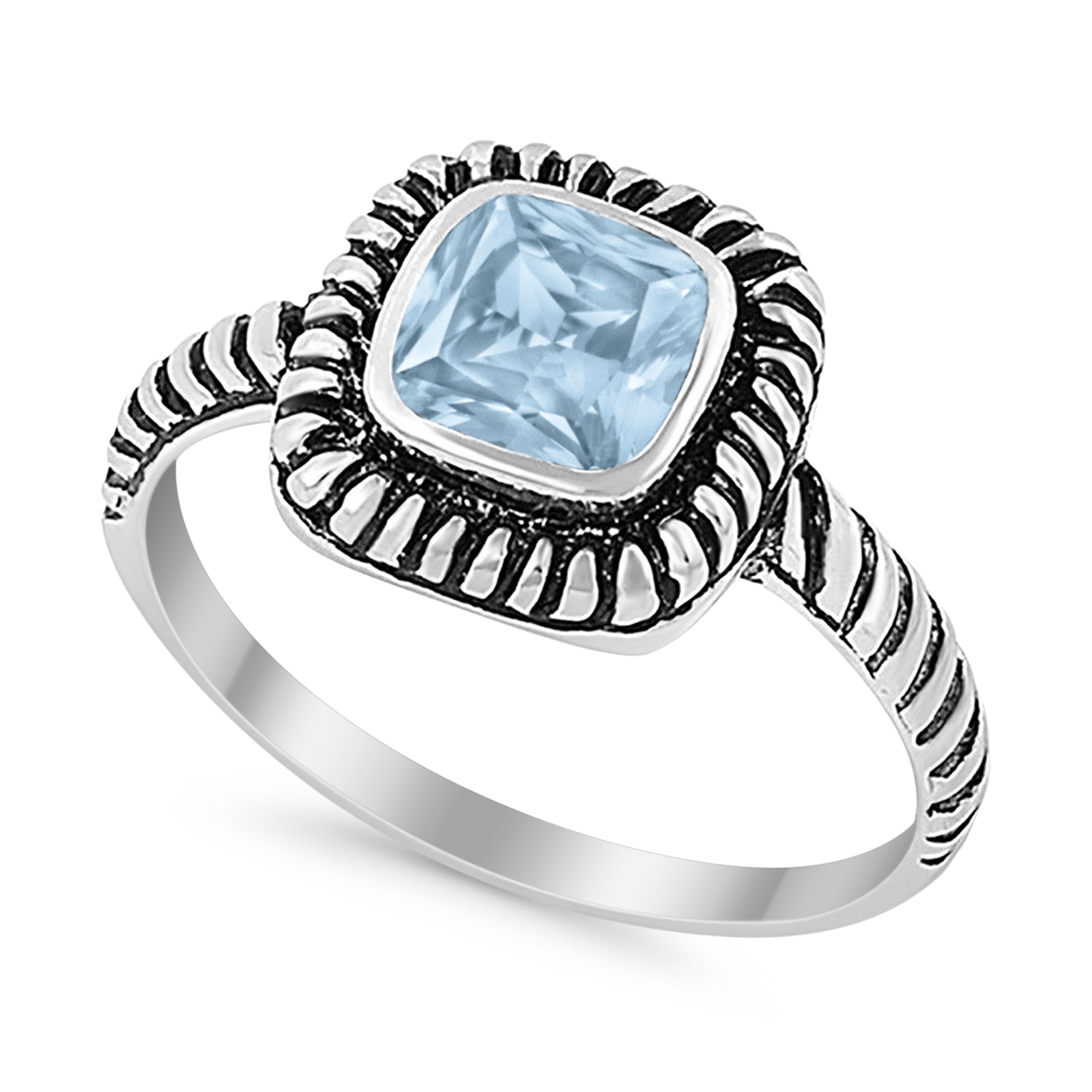 Princess Cut Simulated Aquamarine Cubic Zirconia Oxidized Design Ring 925 Sterling Silver