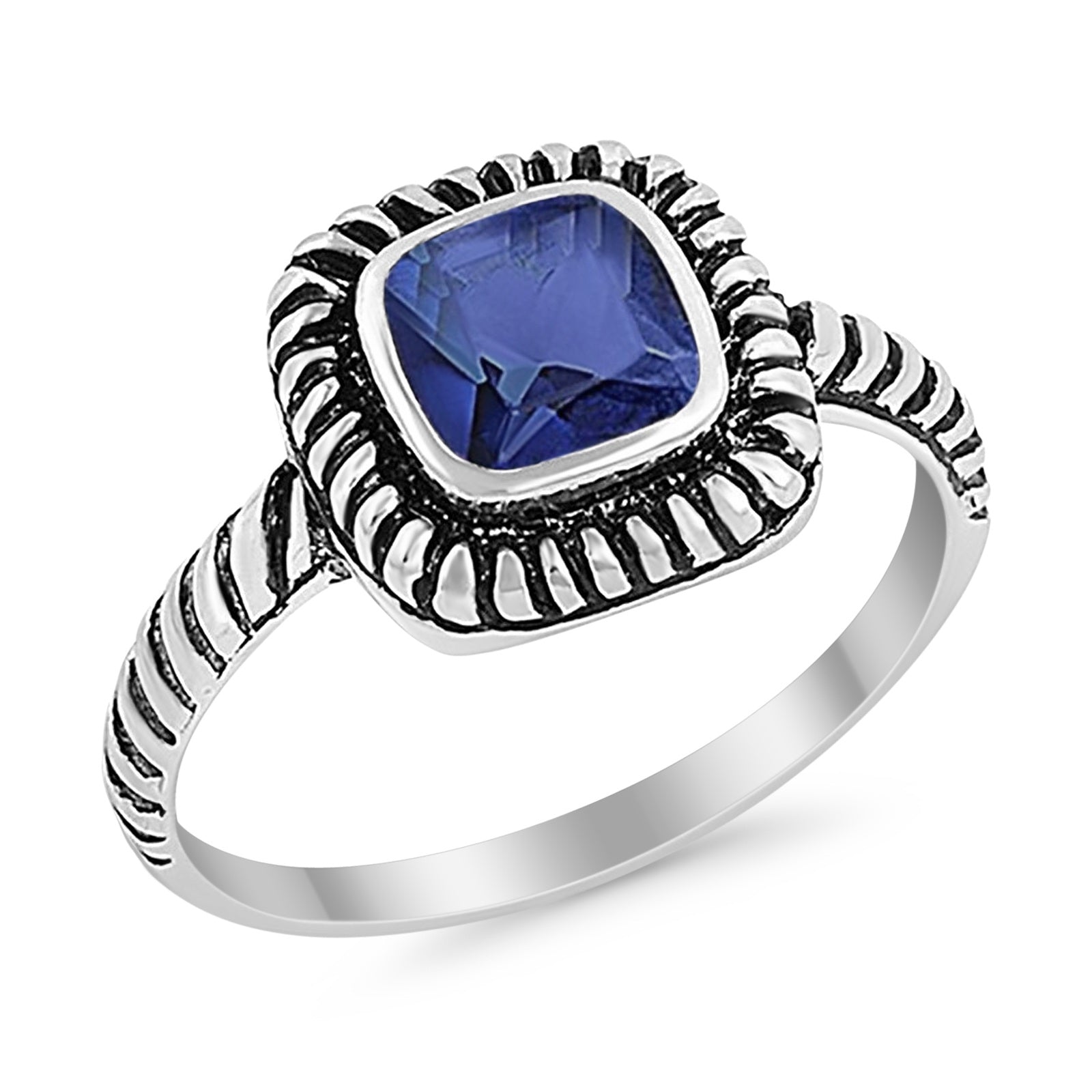 Princess Cut Simulated Blue Sapphire Cubic Zirconia Oxidized Design Ring 925 Sterling Silver