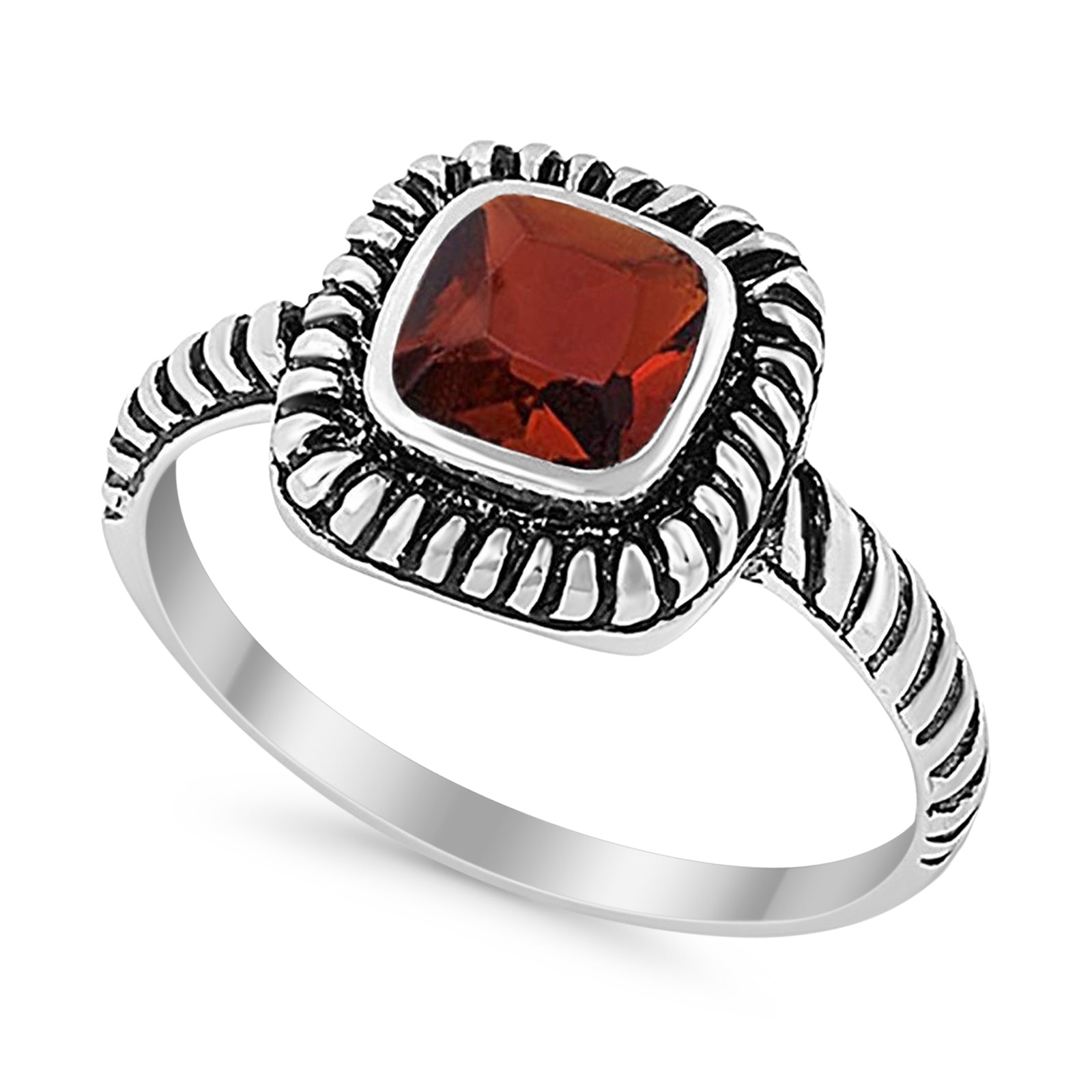 Princess Cut Simulated Red Garnet Cubic Zirconia Oxidized Design Ring 925 Sterling Silver