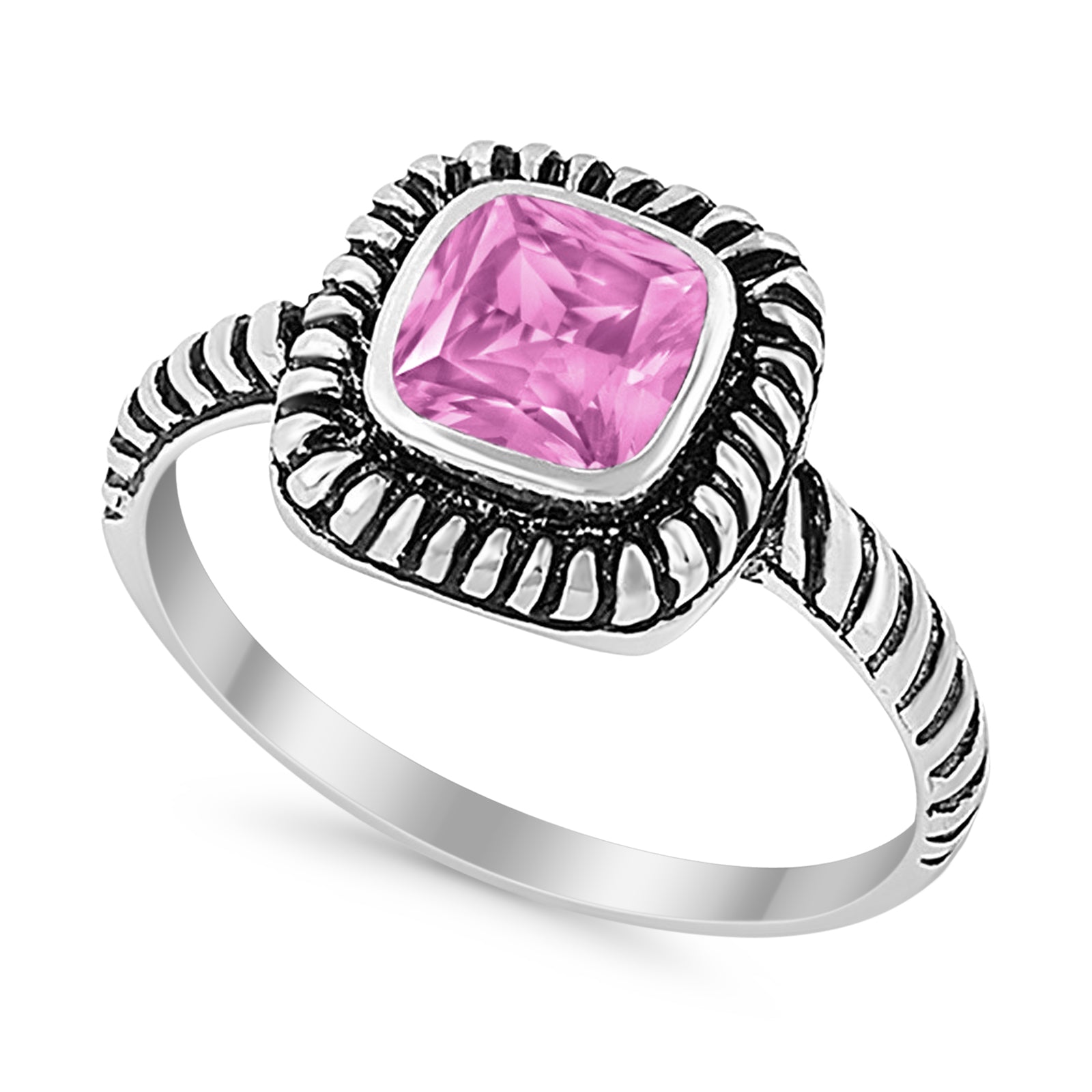 Princess Cut Simulated Pink Cubic Zirconia Oxidized Design Ring 925 Sterling Silver