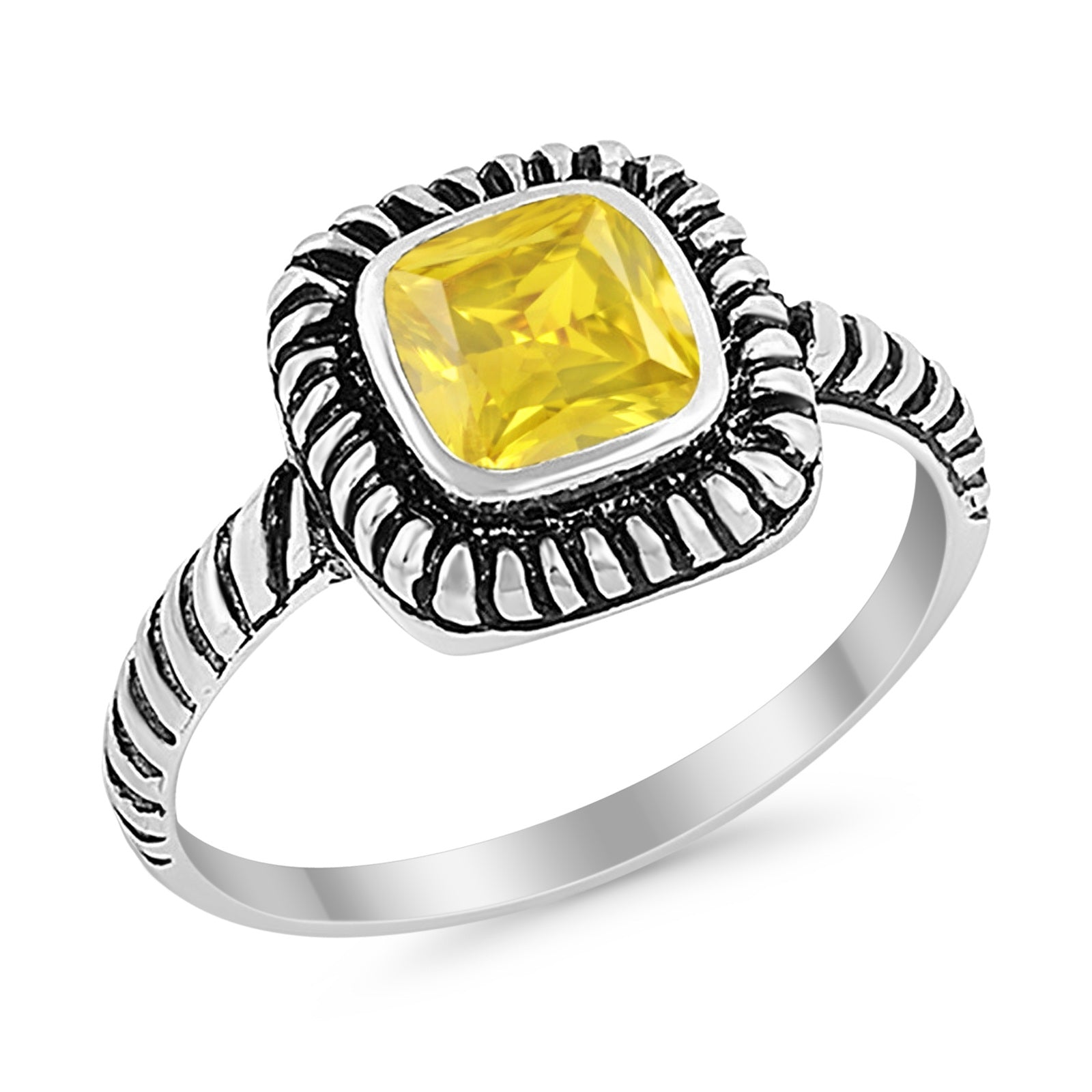 Princess Cut Simulated Yellow Cubic Zirconia Oxidized Design Ring 925 Sterling Silver
