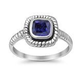Princess Cut Simulated Blue Sapphire Cubic Zirconia Oxidized Design Ring 925 Sterling Silver