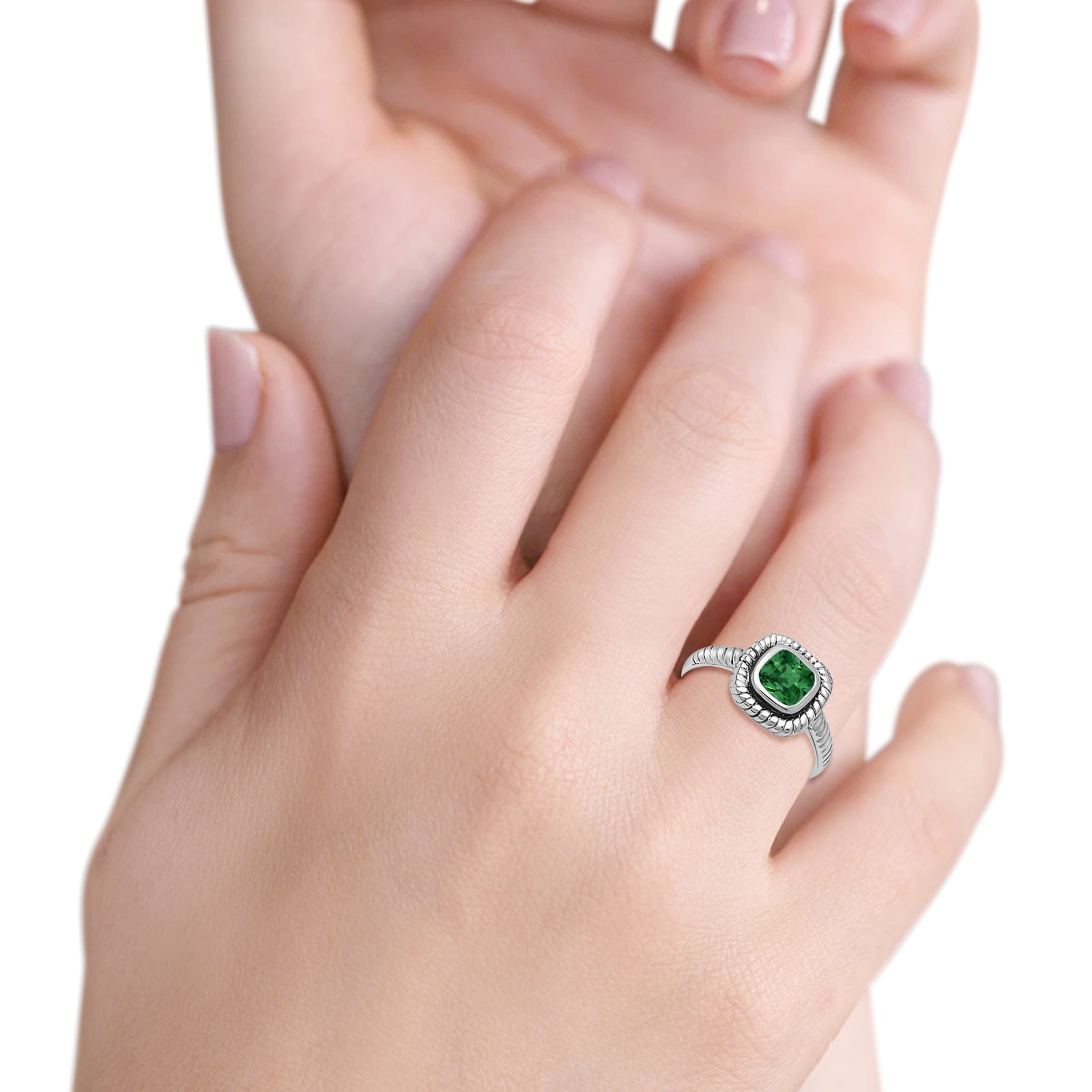 Princess Cut Simulated Green Emerald Cubic Zirconia Oxidized Design Ring 925 Sterling Silver