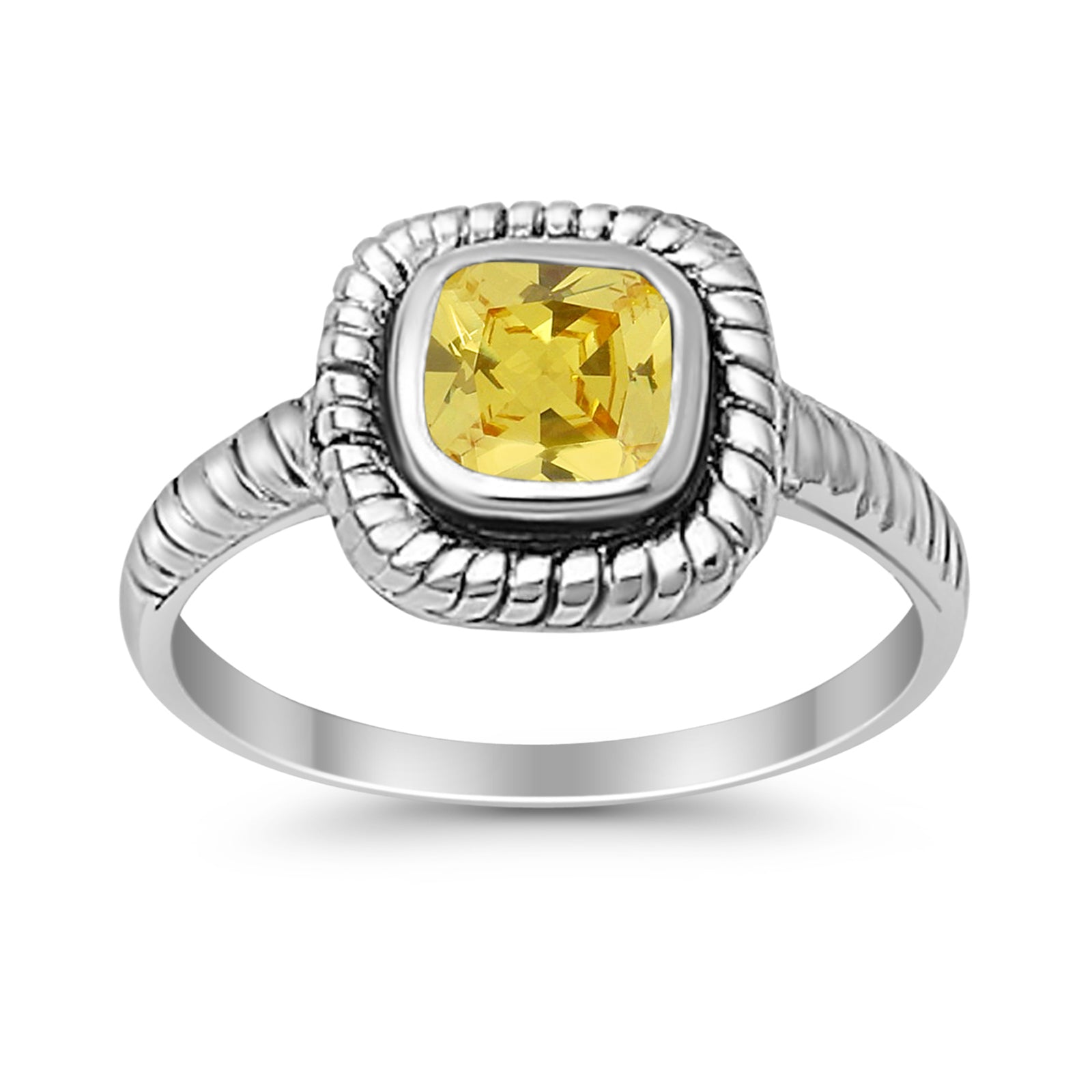 Princess Cut Simulated Yellow Cubic Zirconia Oxidized Design Ring 925 Sterling Silver