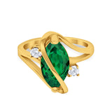 Swirl Fashion Ring Marquise Yellow Tone, Simulated Green Emerald CZ 925 Sterling Silver