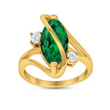 Swirl Fashion Ring Marquise Yellow Tone, Simulated Green Emerald CZ 925 Sterling Silver