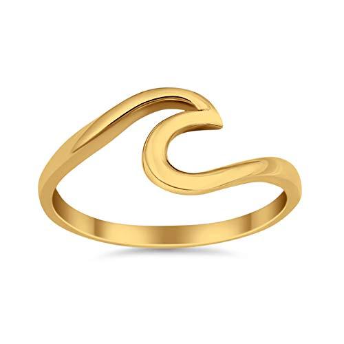 Wave Swirl Yellow Gold Tone Ring Round 925 Sterling Silver