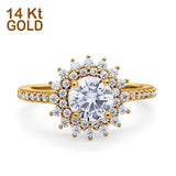 14K Yellow Gold Halo Starburst Flower Engagement Rings Round Simulated CZ Size 7