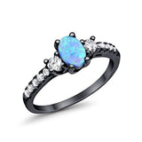 Oval Black Tone, Lab Created Blue Opal Wedding Ring 925 Sterling Silver