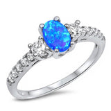 3 Stone Engagement Ring Oval Cut Lab Created Blue Opal Round 925 Sterling Silver