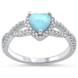 Halo Infinity Shank Heart Ring Simulated Larimar Round Clear CZ 925 Sterling Silver