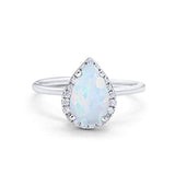 Halo Teardrop Wedding Ring Round Lab Created White Opal 925 Sterling Silver