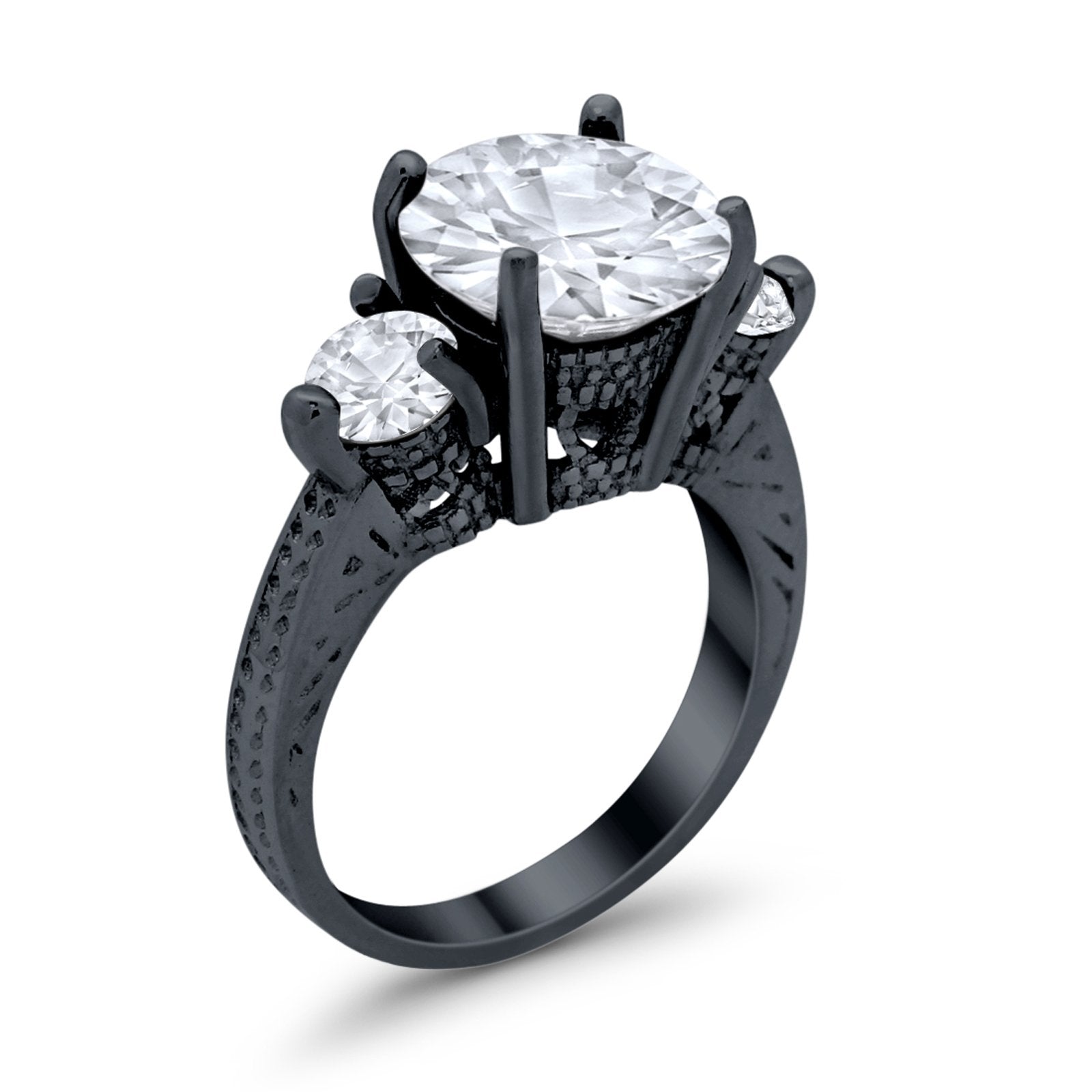 Three Stone Ring Round Black Tone Simulated Clear CZ 925 Sterling Silver