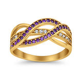 Half Eternity Weave Knot Ring Round Yellow Tone, Simulated Amethyst CZ 925 Sterling Silver