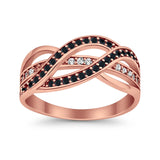 Half Eternity Weave Knot Ring Round Rose Tone, Simulated Black CZ 925 Sterling Silver
