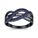 Half Eternity Weave Knot Ring Round Black Tone, Simulated Blue Sapphire CZ 925 Sterling Silver