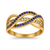 Half Eternity Weave Knot Ring Round Yellow Tone, Simulated Blue Sapphire CZ 925 Sterling Silver