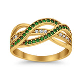 Half Eternity Weave Knot Ring Round Yellow Tone, Simulated Green Emerald CZ 925 Sterling Silver