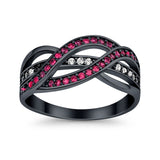 Half Eternity Weave Knot Ring Round Black Tone, Simulated Ruby CZ 925 Sterling Silver