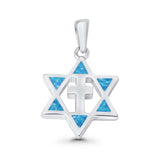 Cross Star of David Pendant Lab Created Blue Opal 925 Sterling Silver