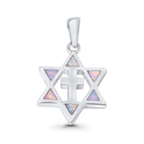 Cross Star of David Pendant Lab Created White Opal 925 Sterling Silver