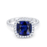 Halo Cushion Engagement Ring Simulated Blue Sapphire CZ 925 Sterling Silver