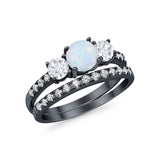 3-Stone Wedding Piece Bridal Ring Black Tone, Lab Created White Opal 925 Sterling Silver
