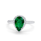 Halo Teardrop Wedding Ring Simulated Green Emerald CZ 925 Sterling Silver
