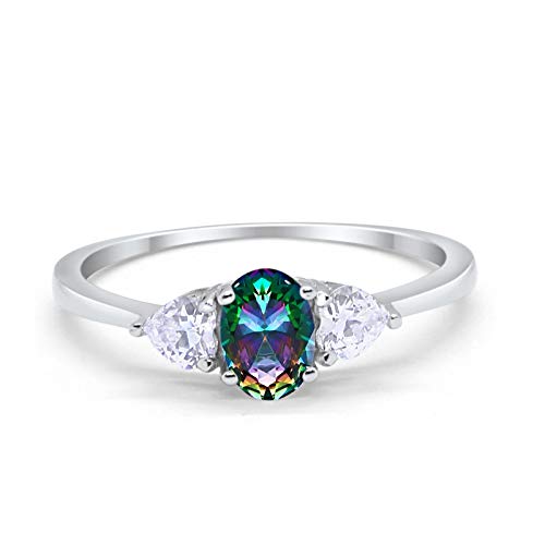 3-Stone Fashion Promise Ring Oval Simulated Rainbow Cubic Zirconia 925 Sterling Silver
