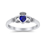 Irish Claddagh Simulated Blue Sapphire CZ Heart Promise Ring 925 Sterling Silver