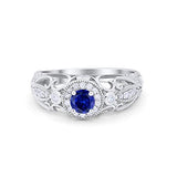 Filigree Engagement Ring Round Simulated Blue Sapphire CZ 925 Sterling Silver