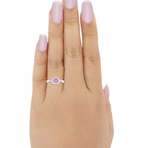 Halo Heart Promise Ring Round Simulated Pink CZ 925 Sterling Silver