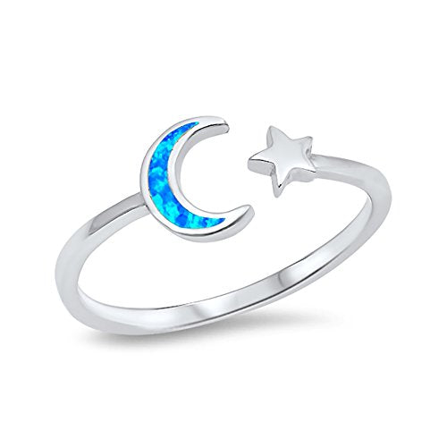 Moon Star Ring Lab Created Blue Opal 925 Sterling Silver