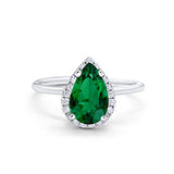 Halo Teardrop Wedding Ring Simulated Green Emerald CZ 925 Sterling Silver