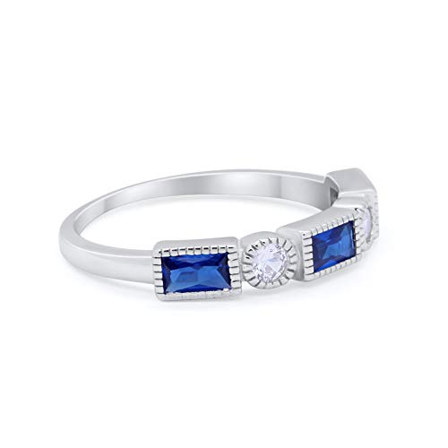 Alternating Baguette Ring Simulated Blue Sapphire CZ 925 Sterling Silver