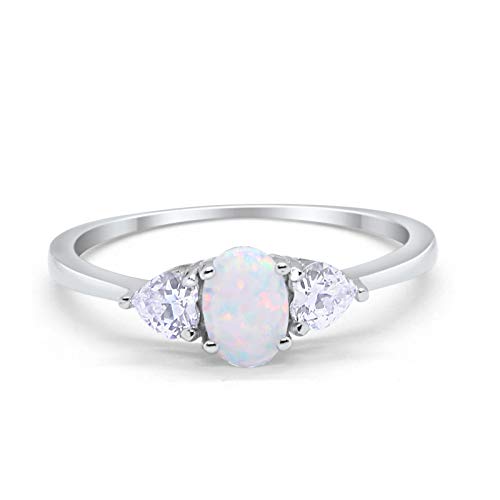 3-Stone Fashion Promise Ring Oval Lab White Opal 925 Sterling Silver