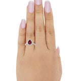 Halo Teardrop Bridal Filigree Ring Simulated Ruby CZ 925 Sterling Silver