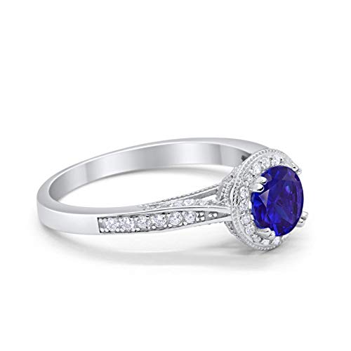 Halo Engagement Promise Ring Round Simulated Blue Sapphire CZ 925 Sterling Silver