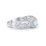 Filigree Engagement Ring Round Lab Created White Opal 925 Sterling Silver